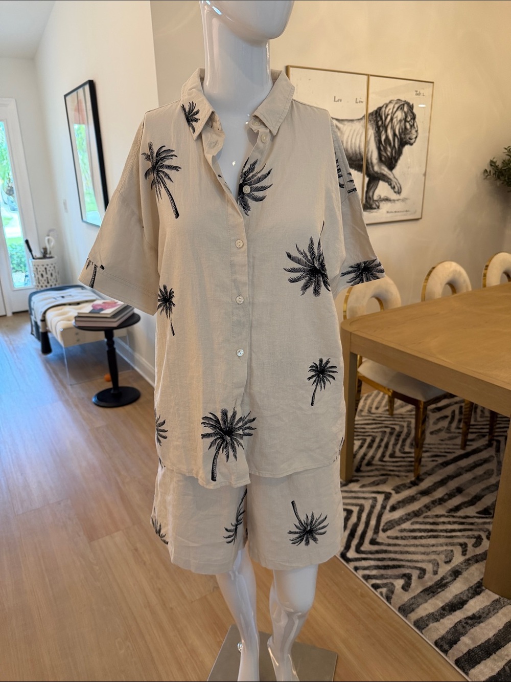Peace Love World Cream Palm-Print Button Front Lounge Set